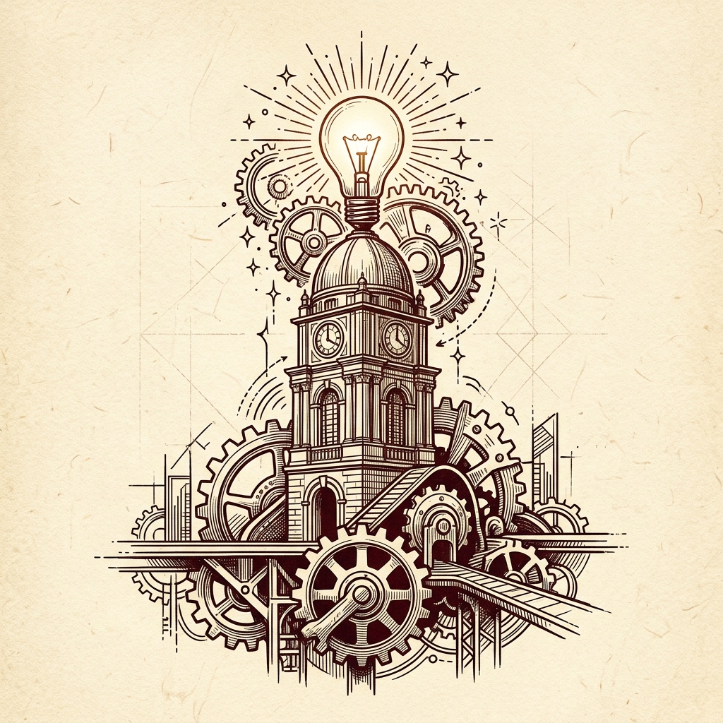 Vintage architectural illustration of IIT Kharagpur tower with gears
