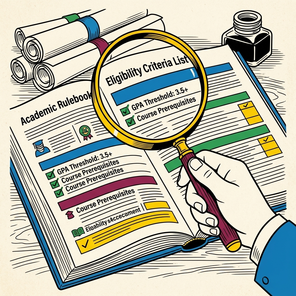 Vintage editorial illustration of a magnifying glass inspecting an academic rulebook