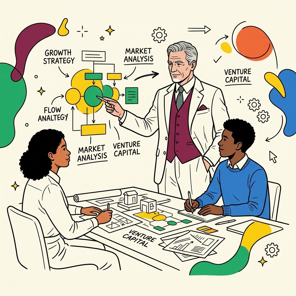 Vintage illustration of a business mentor guiding startup founders
